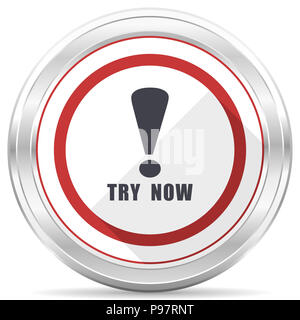 Try now silver metallic chrome border round web icon on white background Stock Photo