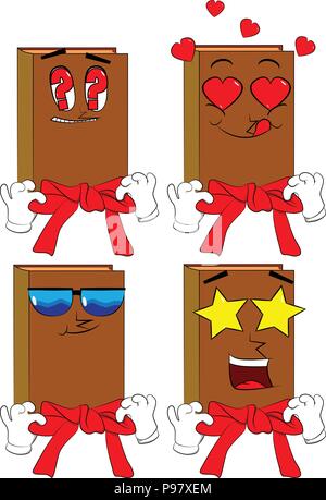 Books with big red tie. Cartoon book collection with various faces. Expressions vector set. Stock Vector