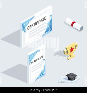 Isometric icons. Official whitecertificates with blue triangles design elements and graduation cap with shadow. Horizontal and vertical blanks Stock Vector