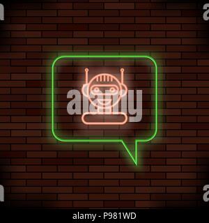Neon Chat Bot on Brick Background. Artificial Intelligence Concept. Smiling Chatbot Icon. Robot Virtual Assistance. Stock Vector