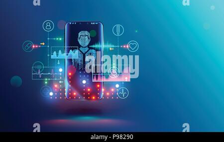 Online healthcare and medical consultation through mobile smartphone. Online virtual doctor. Phone screen with medical specialist and icons healthcare, cardiogram. Conceptual illustration. Stock Vector