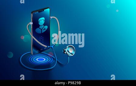Doctor online concept. Icon Doctor through the phone screen using stethoscope checks health. Online medical clinic communication with patient. Vector isometric illustration. Stock Vector
