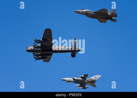 617 Sqn Dambusters formation of RAF BBMF Lancaster, RAF Tornado and new F-35 Lightning II at Royal International Air Tattoo, RIAT 2018, RAF Fairford. Stock Photo
