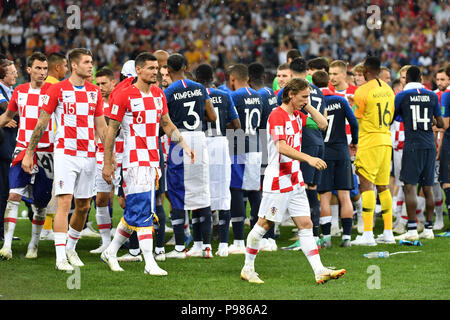 Croatian players at the award ceremony, Victory Ceremony. Disappointment, frustrated, disappointed, frustrated, dejected, Luka MODRIC (CRO), Dejan LOVREN (CRO). Duje CALETA-CAR (CRO). Mario MANDZUKIC (CRO). France (FRA) - Croatia (CRO) 4-2, Final, Game 64, on 15.07.2018 in Moscow; Luzhniki Stadium. Football World Cup 2018 in Russia from 14.06. - 15.07.2018. | usage worldwide Stock Photo