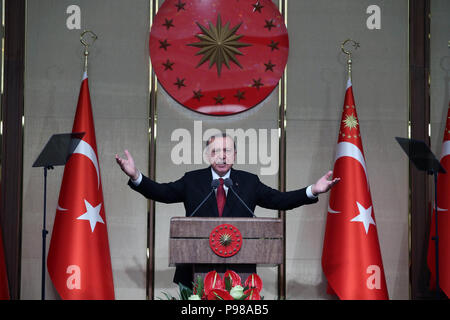 Ankara. 16th July, 2018. Turkish President Recep Tayyip Erdogan makes a speech during a commemoration event marking the second anniversary of the defeated failed coup in 2016 in Ankara, Turkey, July 15, 2018. Credit: Xinhua/Alamy Live News Stock Photo