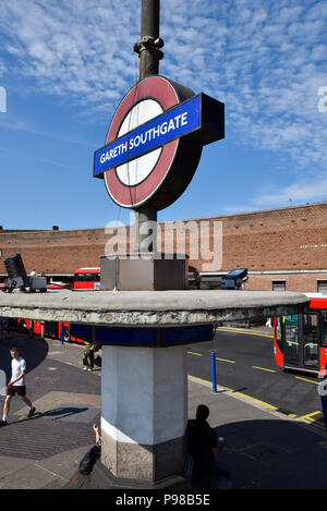 Southgate, London, UK. 16th July 2018. Southgate underground station in Enfield, north London is temporarily named for 48hrs as 'Gareth Southgate' to honour the England football manager and the success of the team. Credit: Matthew Chattle/Alamy Live News Stock Photo