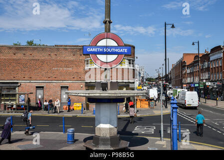 Southgate, London, UK. 16th July 2018. Southgate underground station in Enfield, north London is temporarily named for 48hrs as 'Gareth Southgate' to honour the England football manager and the success of the team. Credit: Matthew Chattle/Alamy Live News Stock Photo