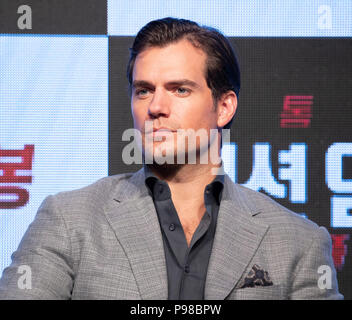 Seoul, South Korea. 16th July, 2018. Henry Cavill attends a press conference to promote the film 'Mission: Impossible - Fallout' in Seoul, South Korea, on July 16, 2018. Credit: Lee Sang-ho/Xinhua/Alamy Live News Stock Photo