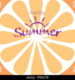 orange slice texture for tropical fruit background. piece of orange texture with word hello summer. fresh orange for summer vector logo icon illustrat Stock Vector