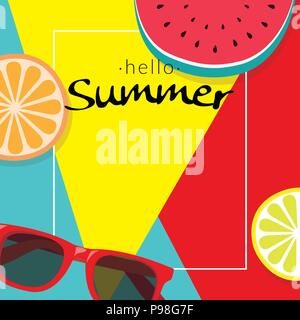 word "hello summer" with copy space template banner with pieces of tropical fruit on colorful background. vector summer background for banner, poster, Stock Vector