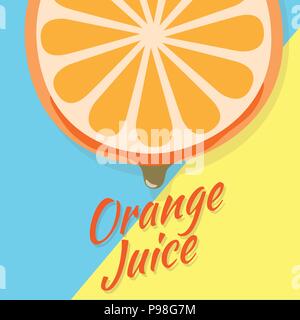 piece of half orange slice, juicy slice of fruit with drops of orange juice vector icon illustration on yellow and blue background. fresh orange vecto Stock Vector