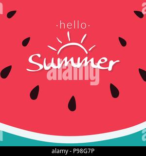 watermelon texture for tropical fruit background. piece of half watermelon slice with word hello summer. fresh watermelon for summer vector logo icon  Stock Vector