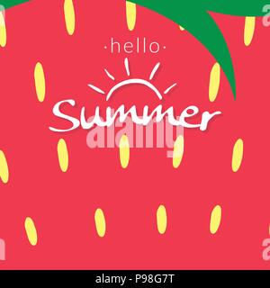 strawberry texture for tropical fruit background. piece of strawberry with seed and leaves with word hello summer. fresh strawberry for vector logo ic Stock Vector