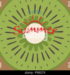 kiwi slice texture for tropical fruit background. piece of kiwi texture with word hello summer. fresh kiwi for summer vector logo icon illustration Stock Vector