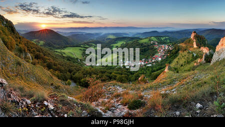 Slovakia fall rural hill landscape at sunrise, Vrsatec village. Stock Photo