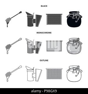 A frame with honeycombs, a ladle of honey, a fumigator from bees, a jar of honey.Apiary set collection icons in black,monochrome,outline style vector  Stock Vector