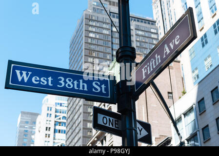 Low angle view of road sign in New York City Stock Photo