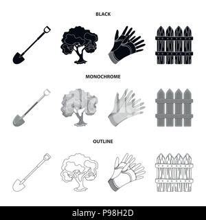 A shovel with a handle, a tree in the garden, gloves for working on a farm, a wooden fence. Farm and gardening set collection icons in black,monochrom Stock Vector