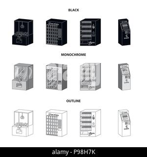 A game machine, a ticket sales terminal, an automaton for selling aqua and chocolate. Terminals set collection icons in black,monochrome,outline style Stock Vector