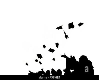 Silhouette of Graduate Students throw mortarboards in university graduation success ceremony. Congratulation on Education Success, Graduation Ceremony Stock Photo