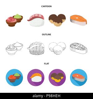 Wasabi sauce and ginger, salmon steak, octopus. Sushi set collection icons in cartoon,outline,flat style vector symbol stock illustration . Stock Vector