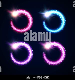 Pink blue purple violet light glowing frames collection on dark night background. Colorful bright celebrating borders with star explosion flash fireworks set. Flying comets tail vector illustration. Stock Vector
