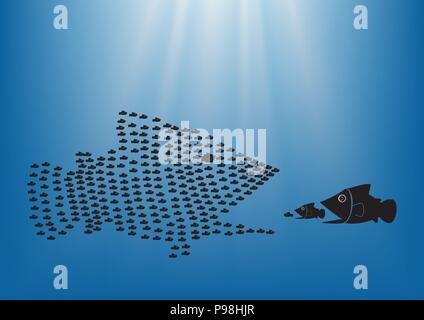 Many  fish together as big fish of concept business teamwork. Stock Vector