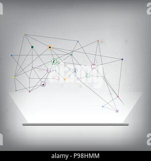 Molecule and communication on smartphone, abstract computer network with integrated circles and icons for digital, network, internet, connect, social  Stock Vector