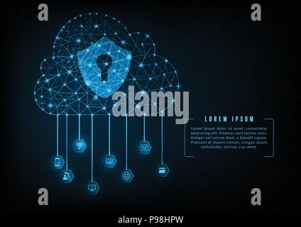 Internet cloud data security concept with Keyhole icon on digital data background. Illustrates cyber data or information privacy idea. Blue abstract h Stock Vector