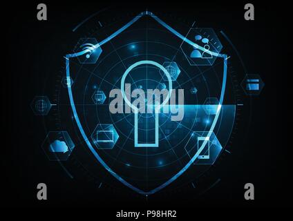 Internet technology cyber security concept of protect and scan computer virus attack  with radar screen on Blue abstract background. Stock Vector