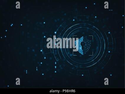 Internet technology cyber security data concept of protect computer virus attack  with  shield  Keyhole icon on Blue abstract background. Stock Vector