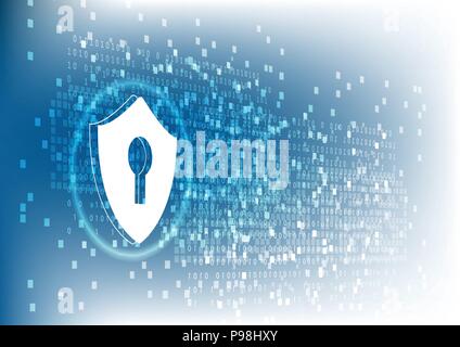 Cyber security concept: Shield with keyhole icon on digital data background. Illustrates cyber data security or information privacy idea. Blue abstrac Stock Vector