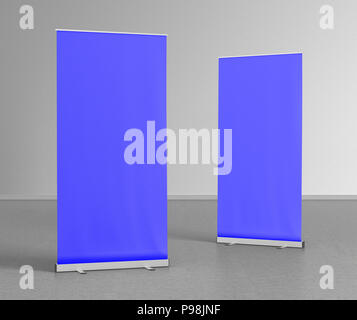 Blank blue roll up banner stands on gray floor. Include clipping paths around stand and ad banner. 3d render Stock Photo