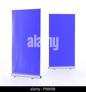 Blank blue roll-up banner stand isolated on white floor. Include clipping paths around stand and ad banner. 3d render Stock Photo