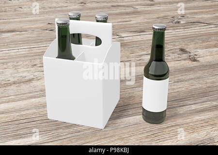 Four bottles white blank beer packaging with green bottles and single bottle on wooden background. 3d render Stock Photo