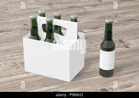 Six bottles white blank beer packaging with green bottles and single bottle on wooden background. 3d render Stock Photo