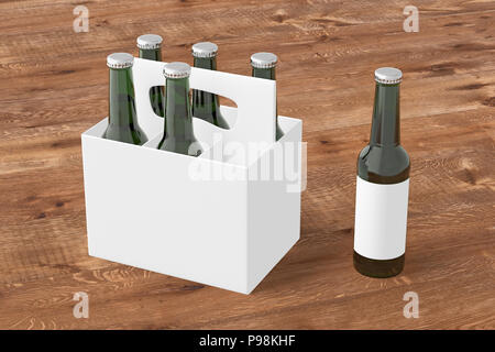 Six bottles white blank beer packaging with green bottles and single bottle on wooden background. 3d render Stock Photo