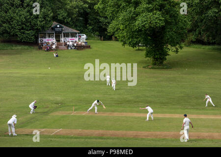 Players on the cricket grounds, Cockington Village, Torquay, Devon, UK Stock Photo