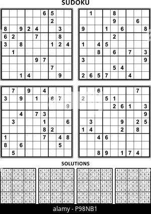 Four sudoku puzzles of comfortable (easy, yet not very easy) level, on A4 or Letter sized page with margins, suitable for large print books. Set 13. Stock Vector