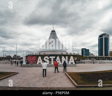 ASTANA, KAZAKHSTAN - JULY 2018: Elevated view with Khan Shatyr and central business district. Stock Photo