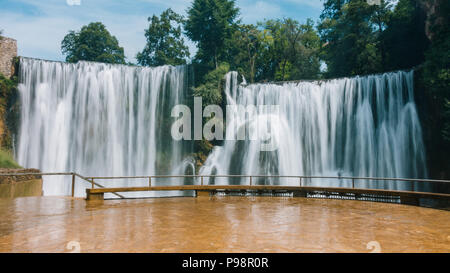 The Pliva Waterfall, one of the main tourist attractions in the small town of Jajce, Bosnia and Herzegovina Stock Photo