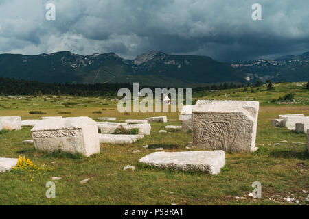 The white Dugo Polje necropolis with over 130 white stećak (tombstones) in Blidinje, Bosnia and Herzegovina Stock Photo