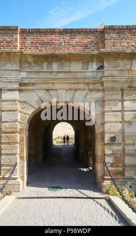 Belgrade, Serbia - May 03, 2018: Young couple entering gates passage in Belgrade fortress Stock Photo