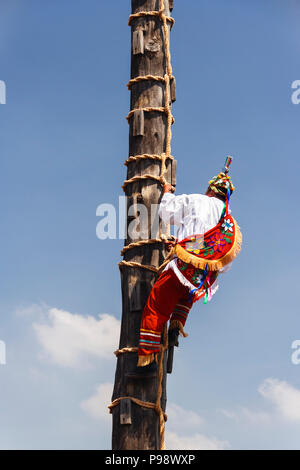Teotihuacan, Mexico : Totonac man in traditional clothes climbing the 30 ms pole of the Voladores or Flying Men ceremony named an Intangible cultural  Stock Photo