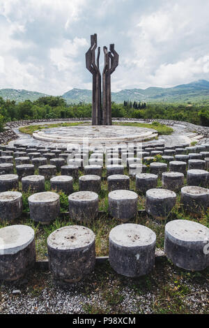 The 12 meter tall concrete Memorial to the Fallen of the Lješanska Nahija Region, near Kotor, Montenegro. Built in 1980 Stock Photo