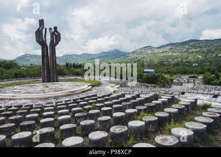 The 12 meter tall concrete Memorial to the Fallen of the Lješanska Nahija Region, near Kotor, Montenegro. Built in 1980 Stock Photo