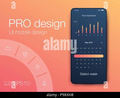 User interface with infographics with charts and graphs in flat design. Ui design calendar Stock Vector