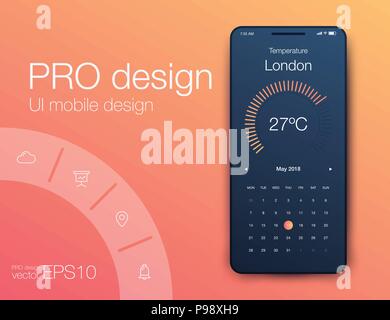 Weather Mobile UI kit. Material Design UI, UX, GUI. Responsive web design Stock Vector