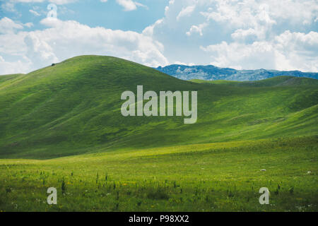 The rolling green grass hills of Durmitor National Park, Montenegro, reminiscent of the famous Windows XP desktop wallpaper Stock Photo