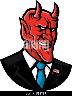 Mascot icon illustration of bust of a demon, devil or satan grinning, dressed as an American businessman in business suit and tie viewed from front on Stock Vector